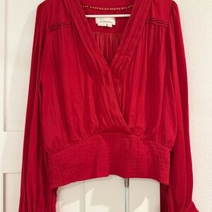 Anthropologie Red Wrap Blouse with Long Sleeves